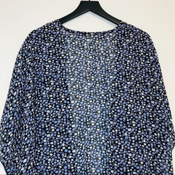 Bohemian Ditsy Floral Blue Kimono Kaftan Open Front Semi Sheer Duster Top - Picture 4 of 8